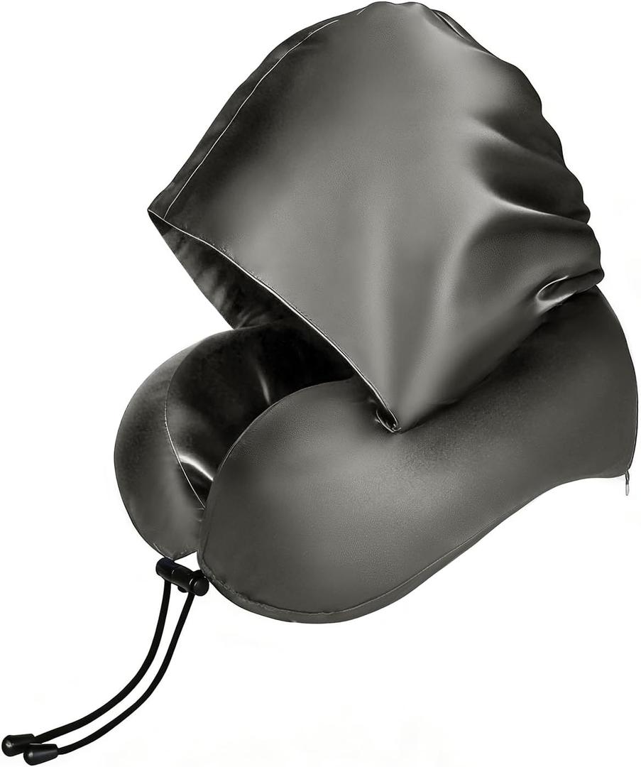 Satin Neck Pillow with Hood Pixie Pillow for Short Hair Sleep Travel | Airplane,Memory Foam,Supportive Neck,Hair Protecting,Hooded Travel Comfort,Long Flight Essential,Lightweight,Grey