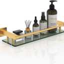 16 Inch Brusheld Gold Bathroom Glass Shelves with Stainless Steel Railing, Tempered Floating Glass Modern Decoration Bathroom Shelf Sink Over Toilet