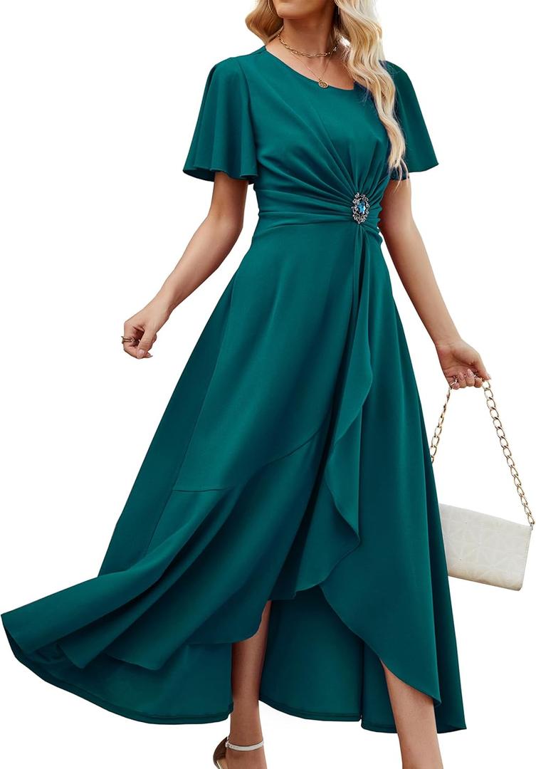 QMZ Wedding Guest Dresses for Women Have Pockets Cocktail Dress Ruffle Sleeve A Line Evening Party Formal Dresses for Women-Peacock Blue-L