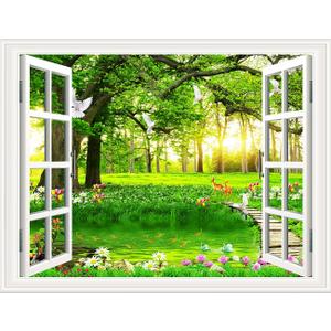 3D Self-Adhesive Painting Fake Window Wall Stickers Tropical Island with Palm Trees Wall Mural Window View Wall Decor for Home (17.3"27.6", Big Tree)
