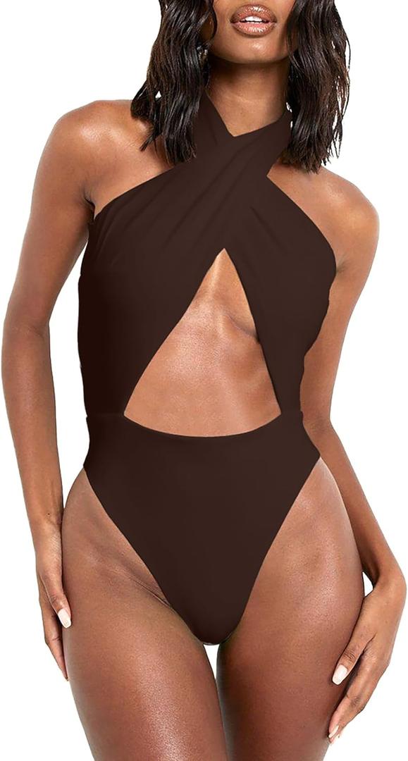 HYPERFIRE Women's Sexy Halter Criss Cross Swimsuit Cut Out One Piece Bathing Suit High Cut Swimwear (M)