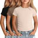 3 Pack Girls Short Sleeve Cute Shirts | Ribbed Knit, Crew Neck, Slim Fit, Summer, Basic, Soft, School Outfit, Trendy, Ages 5-14, Solid Colors, Versatile Styling
