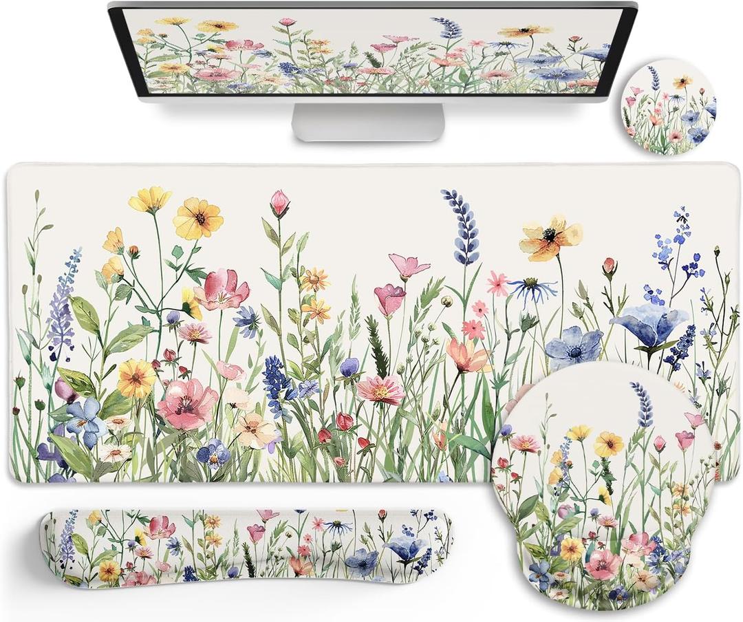 LIMKRIAN Flower Mouse Pad Set Large Desk Matt for Desktop, Ergonomic Mouse Pad with Wrist Rest, Gaming Wrist Support Keyboard Mat Cup Coaster Set Cute Office Desk Decor Accessories, Extended XX-Large