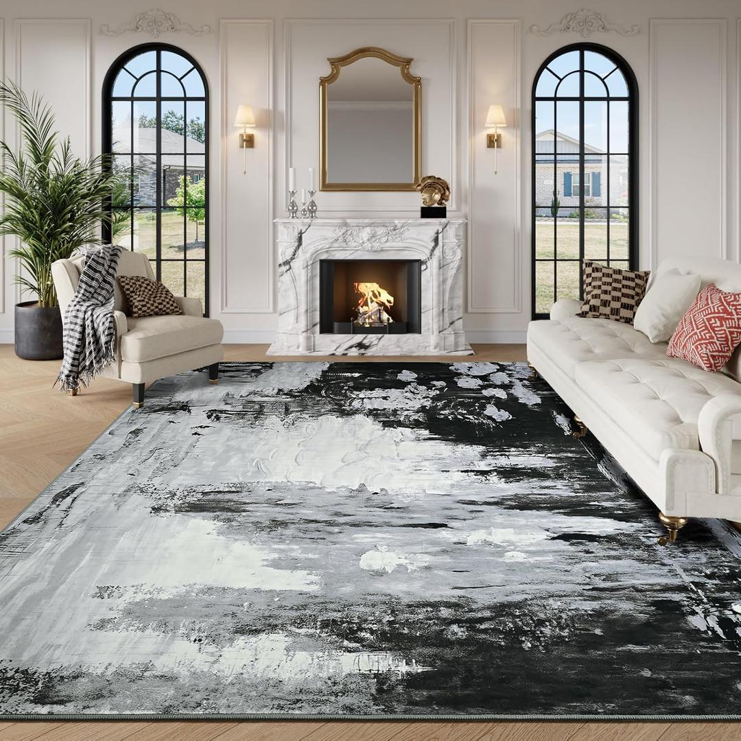 Gray Area Rugs 8x10 Machine Washable Large Non-Slip Low Pile Print Pattern Carpets, Modern Abstract Living Room Rug Indoor Foldable Retro Faux Wool Mats for Dining Room, Bedroom, Home Office