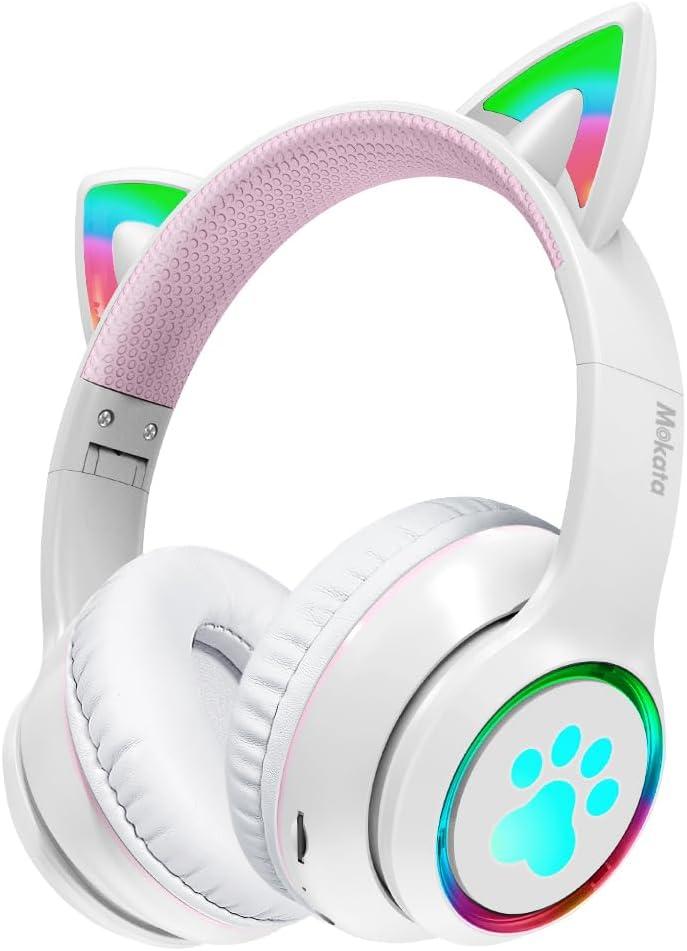 Gaming Bluetooth 5.0 Wireless Headphones Over Ear Cat Led Light Foldable Music Headset with Aux 3.5mm Microphone (Built-in) for Adult & Kids PC TV Game Music Pad Laptop Cellphone White
