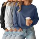 4 Pack Womens Long Sleeve Cropped Sweatshirts Crew Neck Loose Fit Pullover Thermal Tops (Small, Black, White, Light Gray, Haze Blue)