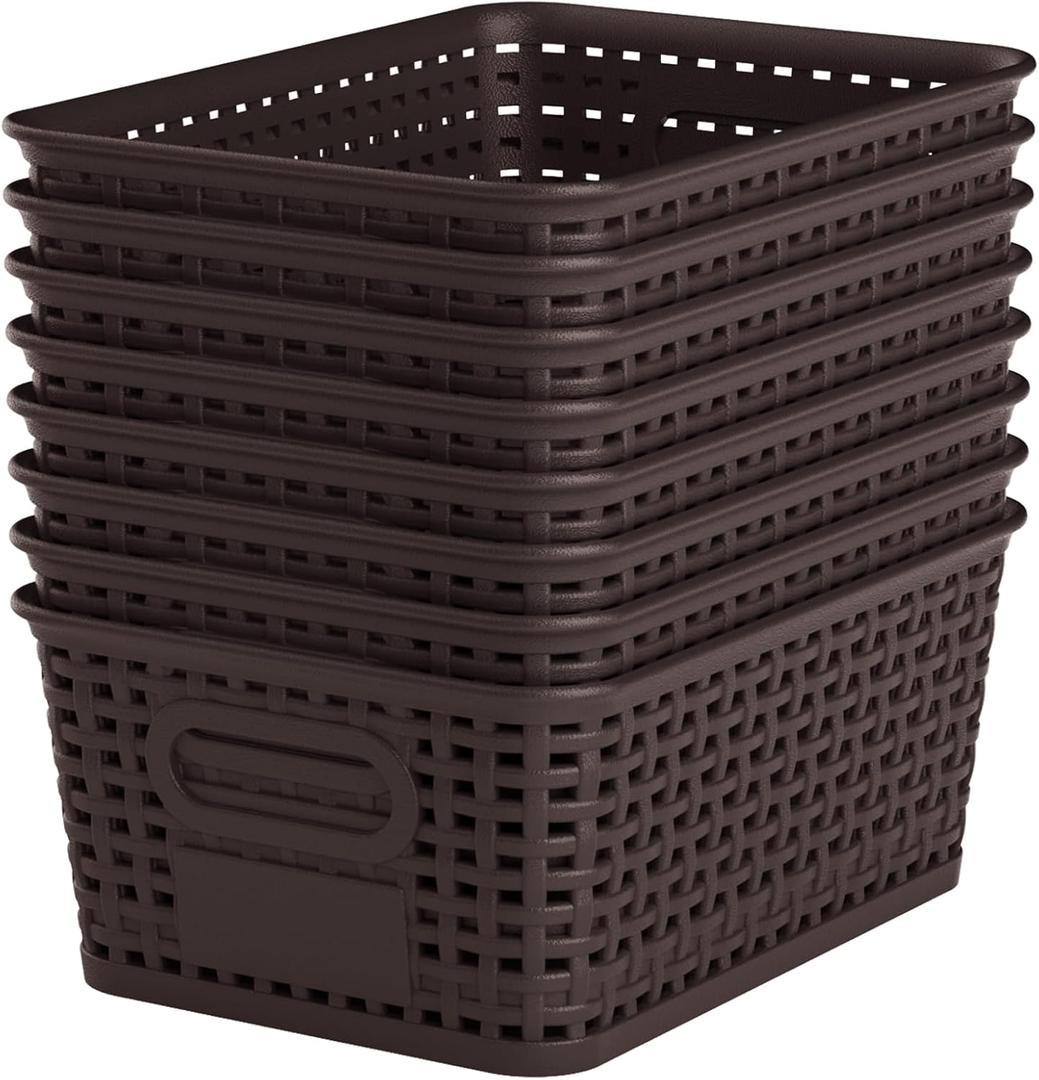 Brown Plastic Storage Baskets - Pack of 8 with Labels Stackable Durable Storage Bins, Storage Containers for Organizing Desktops, Closets, Playrooms, Classrooms, Offices
