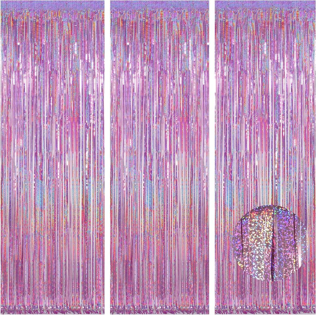 Happy Mothers Day Decorations Melsan 3 Pack 3.2 x 8.2 ft Pinkish Purple Tinsel Fringe Curtain Backdrop, Sparkling Metallic Party Decorations for Girls Birthday, Bachelorette, Wedding, Photo Booth