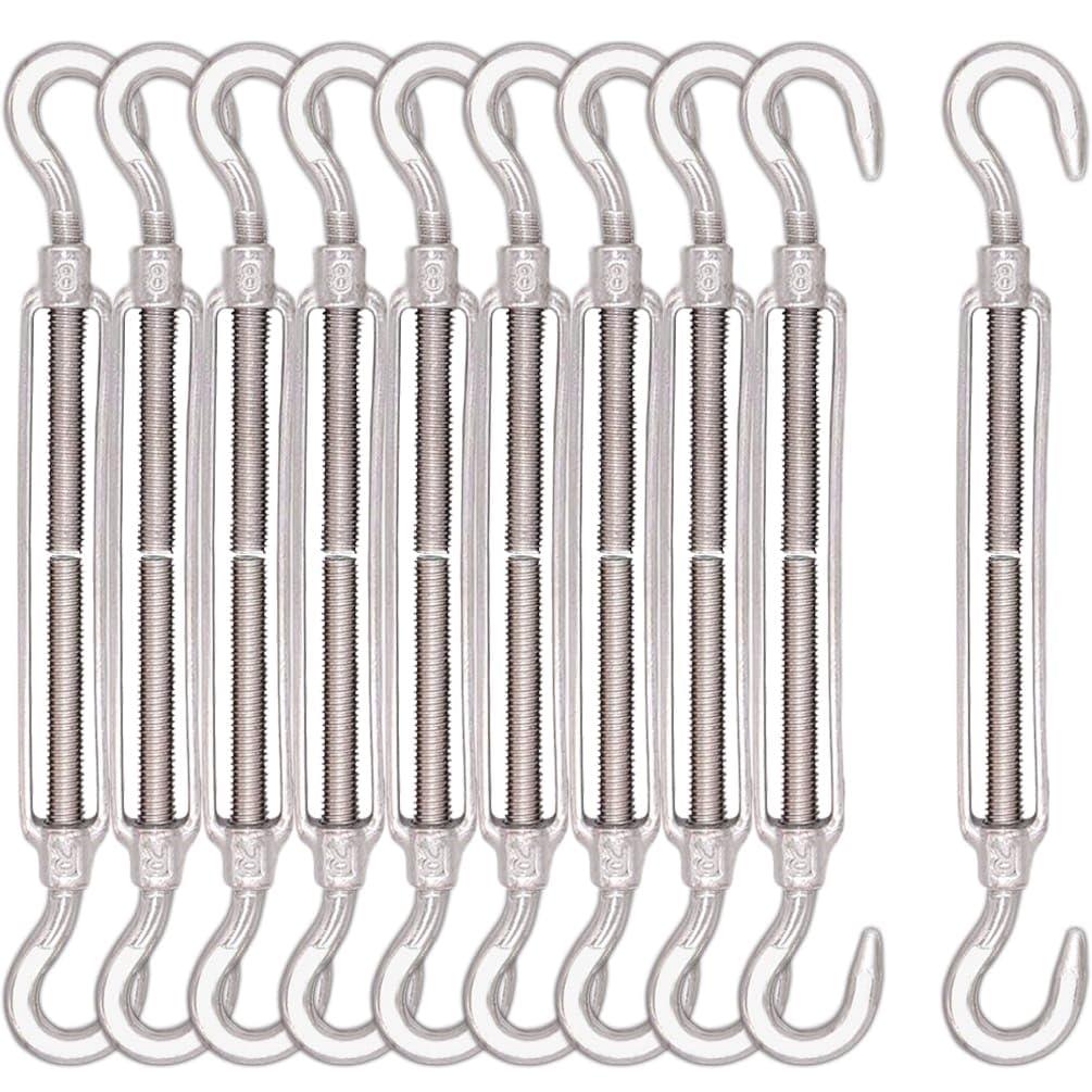 Turnbuckle 10pcs 304 Stainless Steel Turnbuckle Hook and Hook Heavy Duty Tensioner Adjustable Shade Sail Hardware for Tightening up Metal Cable Wire 5/32 1/4 5/16 3/8 1/2"