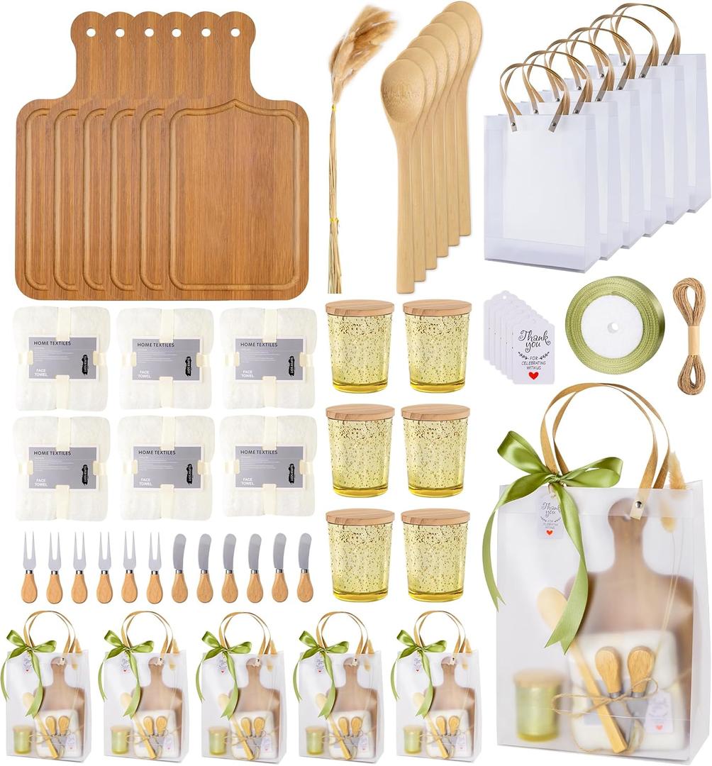 68 Pcs Baby Shower Prizes for Game Winners - 6 Sets Christmas Gifts Scented Candles Cheese Board Spoon Fork Butter Spreaders Towel Thank You Card Gift Bags for Baby Shower Wedding Bridal Shower Favors (White)