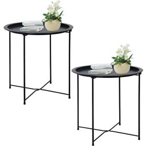 Garden 4 you End Table 2 PCS Metal Side Table Black Round Folding Tray Cyan Sofa Small Accent Fold-able Table, Round End Table Tray, Next to Sofa Table, Snack Table for Living Room and Bed Room