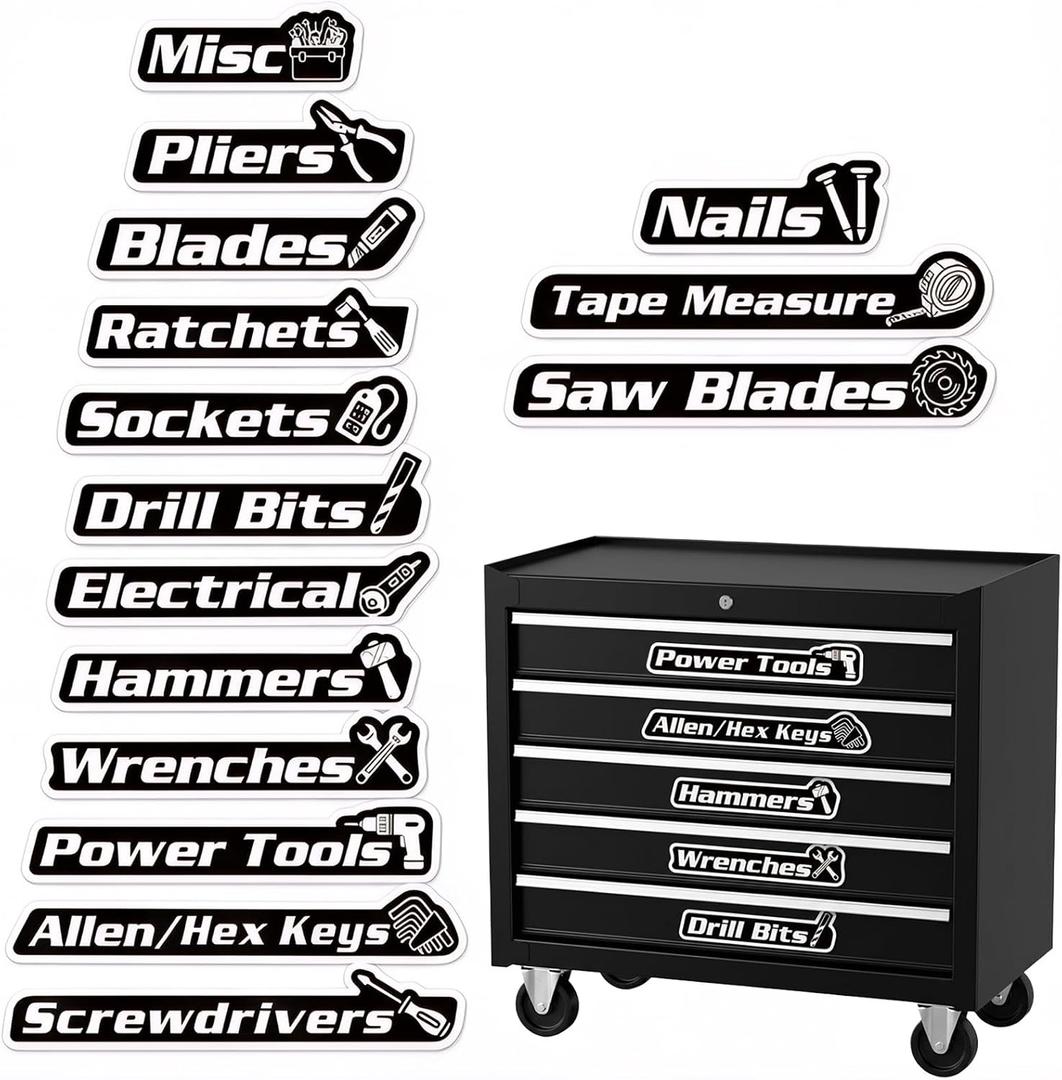 15-Pack Magnetic Tool Box Labels with Visual Icons, Upgraded 3D Magnetic Toolbox Labels for Fast ID, Tool Box Magnets for Steel Chests, Narrow Drawers & Garage Organization, Practical Gift for Men