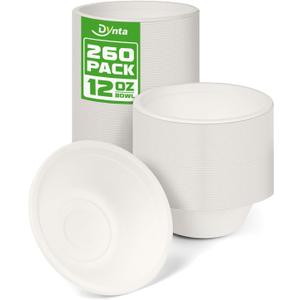 Paper Bowls 260 Packs, 12 OZ Disposable Paper Bowls Heavy Duty, Eco-Friendly White Disposable Hot Soup Bowls Bulk, Compostable Bamboo Bowls 350ml for Party, Camping, Birthday, Festivals