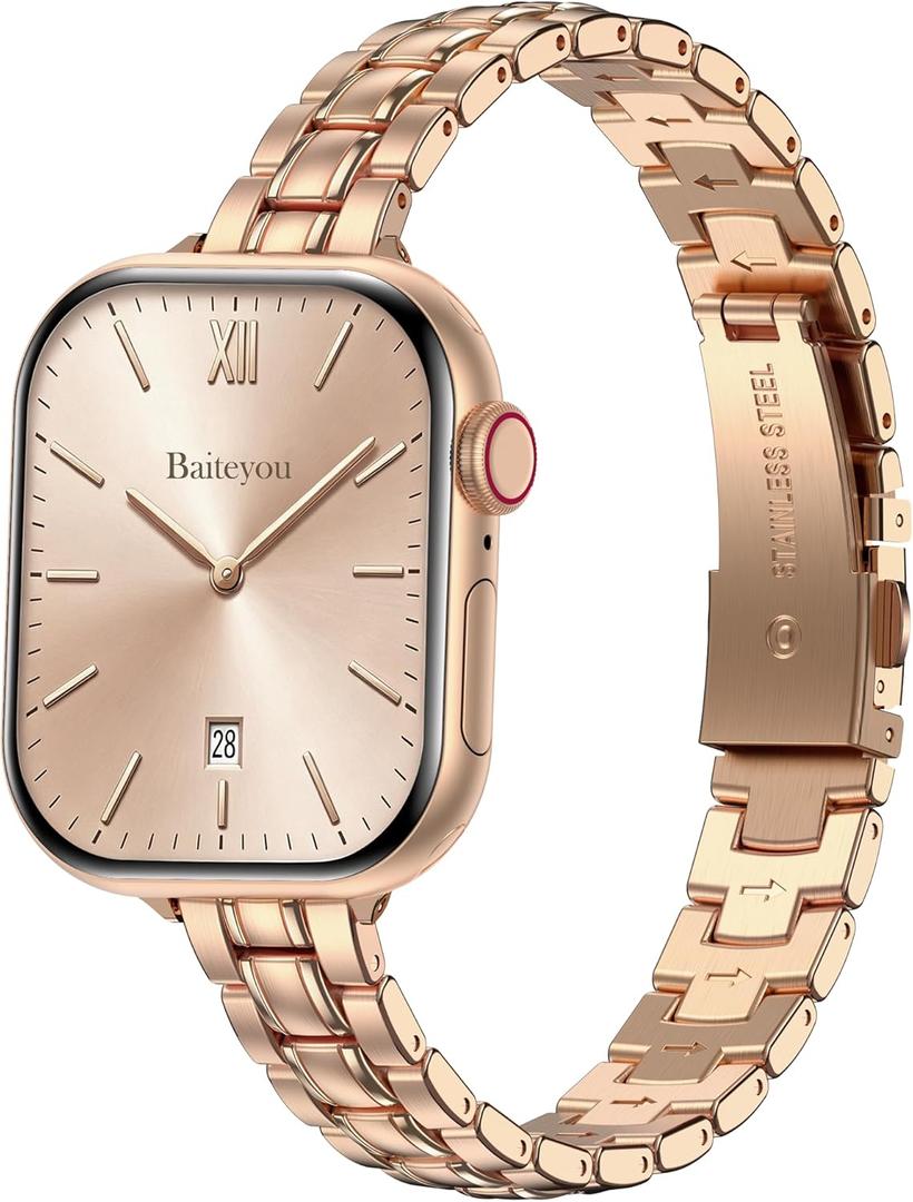 BAITEYOU Narrow Metal Band Compatible with Apple Watch Bands 38mm 40mm 41mm 42mm 44mm 45mm 46mm 49mm (Series 11 10 9 8 7 6 5 4 3 2 1 SE Ultra), Dressy Thin Stainless Steel iWatch Bands for Women