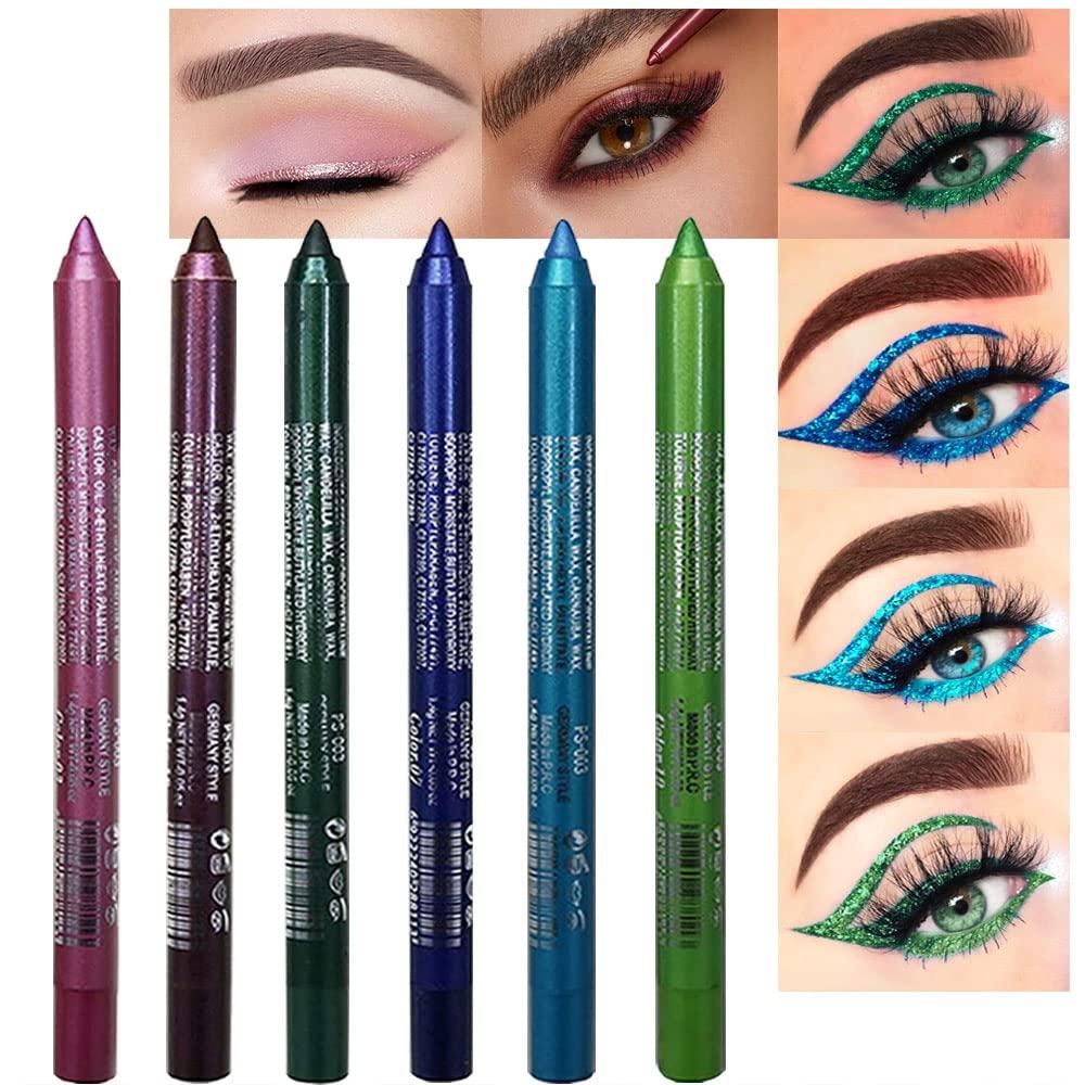 evpct 6Pcs Blue Colored Glitter Eyeliner Pencils Set,Dark Light Blue Green Purple Red Pink Metallic Colorful Liquid Eye Liner Set Women Waterproof (6 Count (Pack of 1))