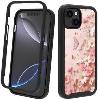 POCOOA Compatible with iPhone 14 / iPhone 13 Case – Rugged Full-Body Protective Cover for Women Girls Dual Layer Shockproof Bumper, Heavy-Duty Phone Case - Pink Butterfly Flower Floral 009
