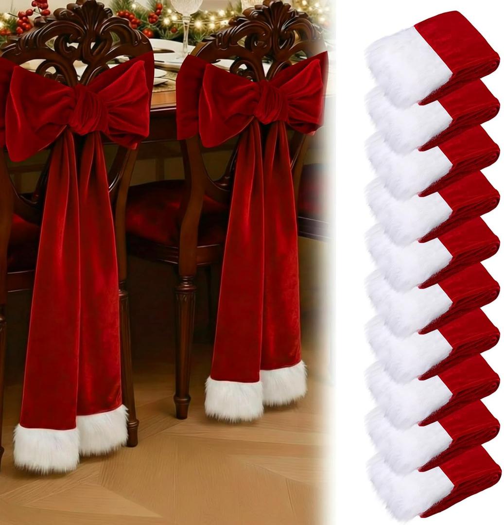 Thyle 10 Pcs Christmas Burgundy Red Velvet Chair Sashes 6 x 108 Inch Large Red Bows Chair Cover with White Fluff Decoration for Xmas Wedding Event Holiday Banquet Party