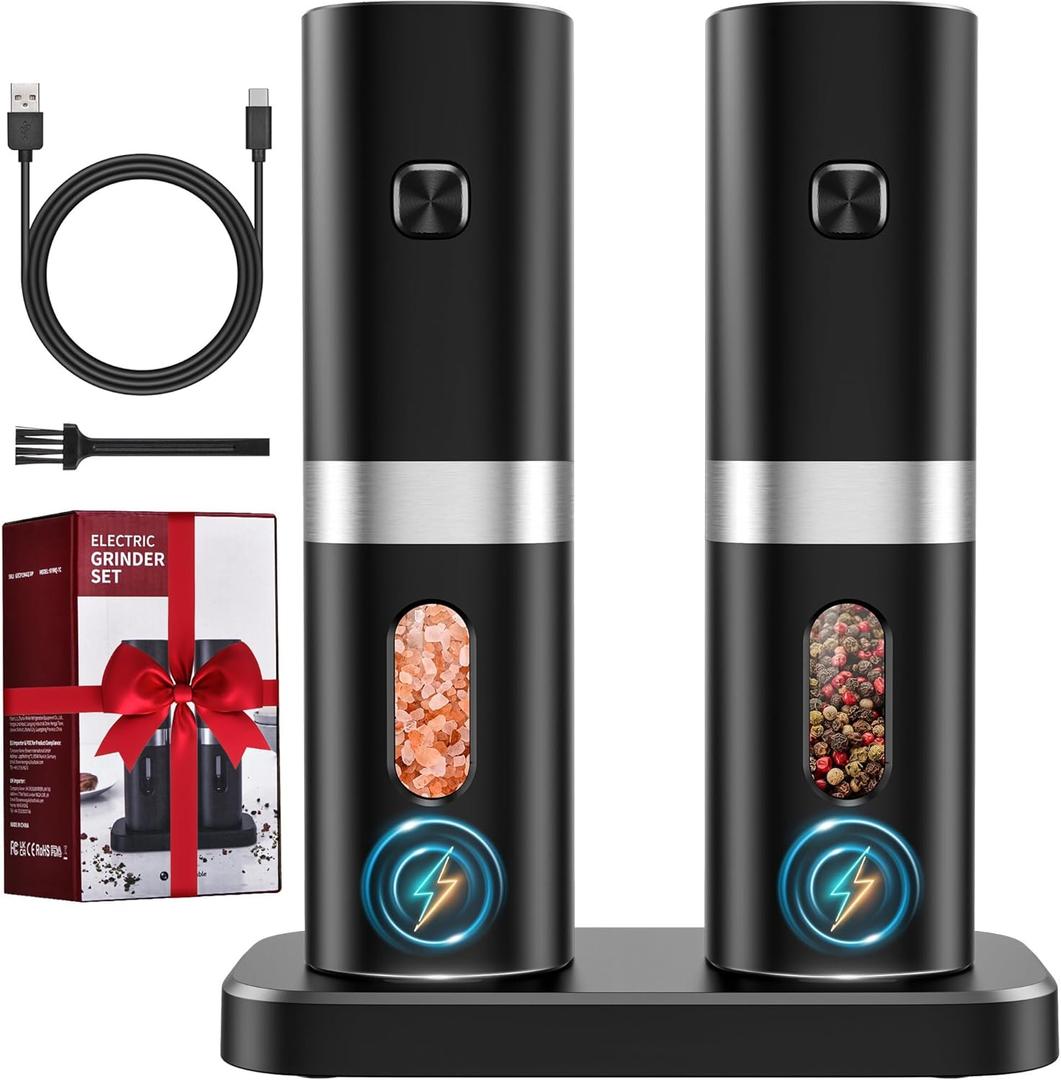 Electric Salt and Pepper Grinder Set, New Rechargeable Salt and Pepper Mill with Charging Base, Adjustable Coarseness Shakers with LED Light, One Hand Operation for Kitchen Appliances Gifts for Women (Classic Black)