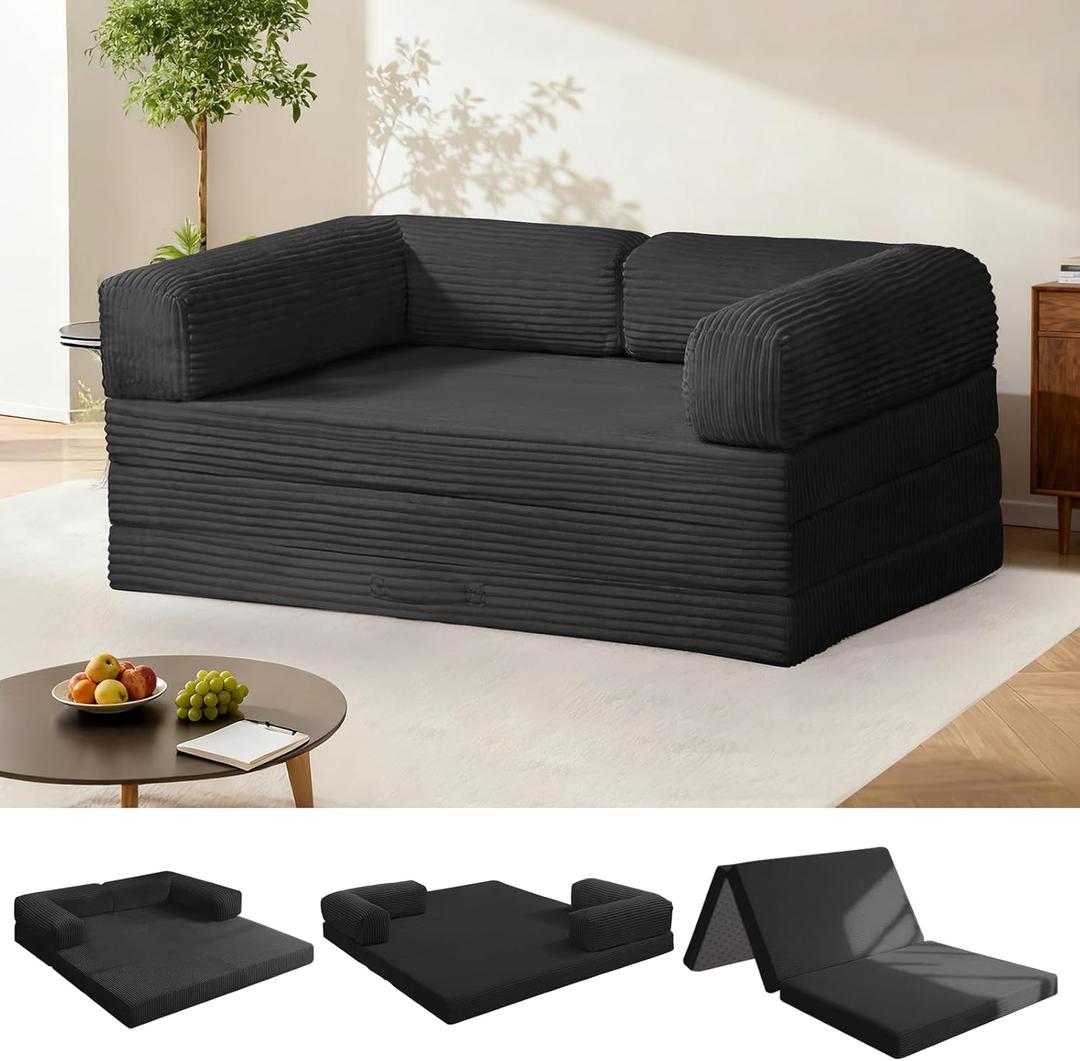 Tri-Fold Foldable Mattress, Convertible Folding Sofa Bed with Removable Arms & Washable Cover, All-in-One Portable Mattress Floor Sofa Bed, No Assembly Required & Non-Slip, Full Size, Black