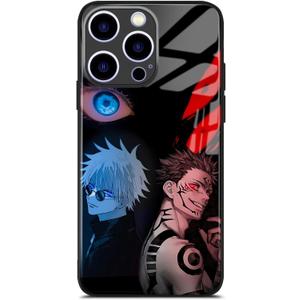 Anime Case for iPhone 16 Pro Max, Glossy Glass Manga Cover, Black Soft Silicone Bumper, Unique Creative Japanese Art Shell (Satoru and Sukuna)