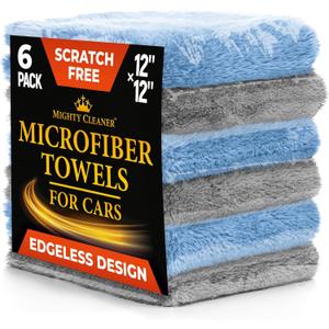 Super Soft Microfiber Towels for Cars - Edgeless - 6pk (12x12) - Premium Scratch-Free Towel - Great for Drying, Detailing, Polishing, Buffing - Ultra Absorbent Microfiber Cleaning Cloths for Car (Gray and Blue)