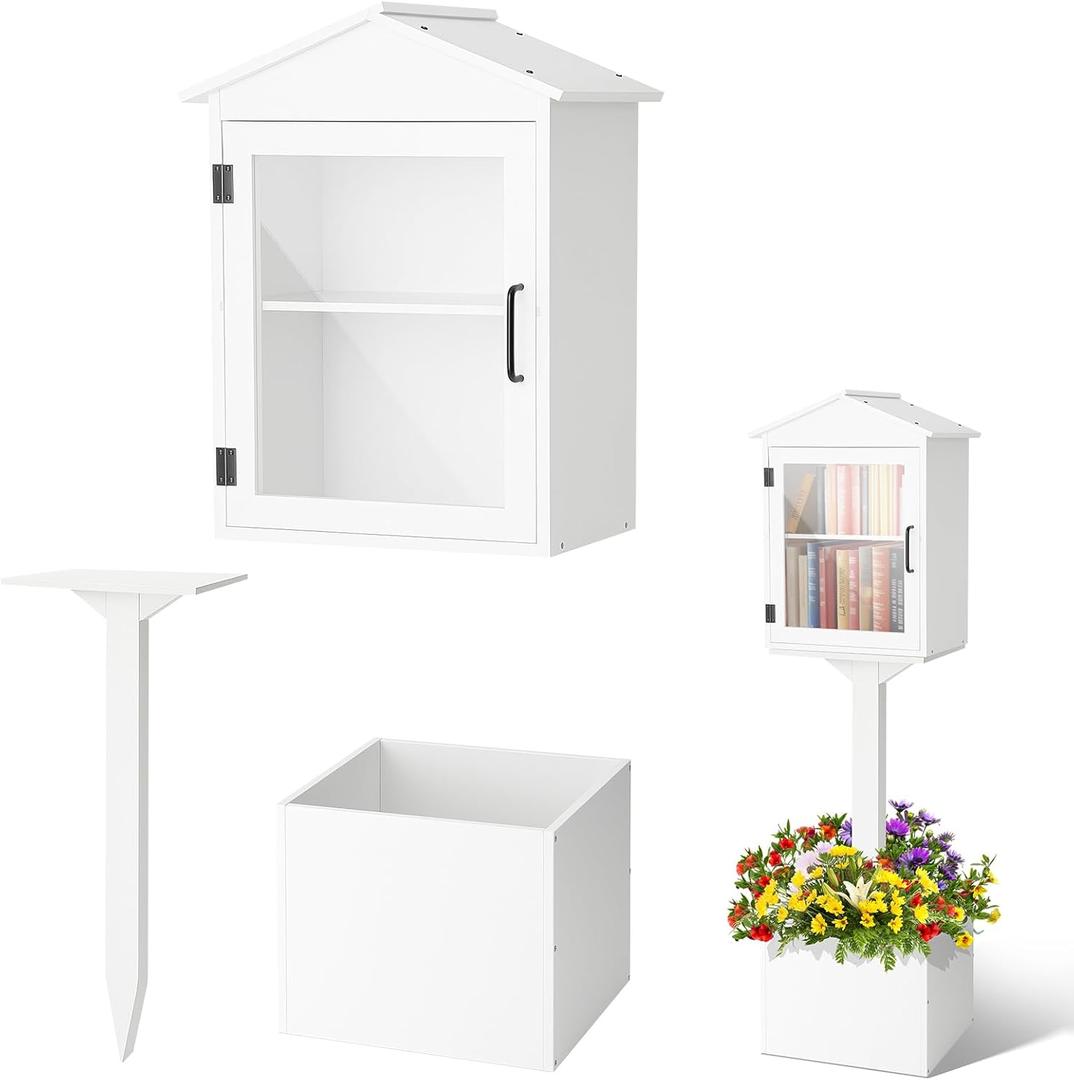 Wonderjune Little Library Box Outdoor, Durable Weatherproof Solid Wood Book Exchange Box with Floor Plugs and Small Flower Fence for Community, Literature, School Sharing Book(White, Steepletop)
