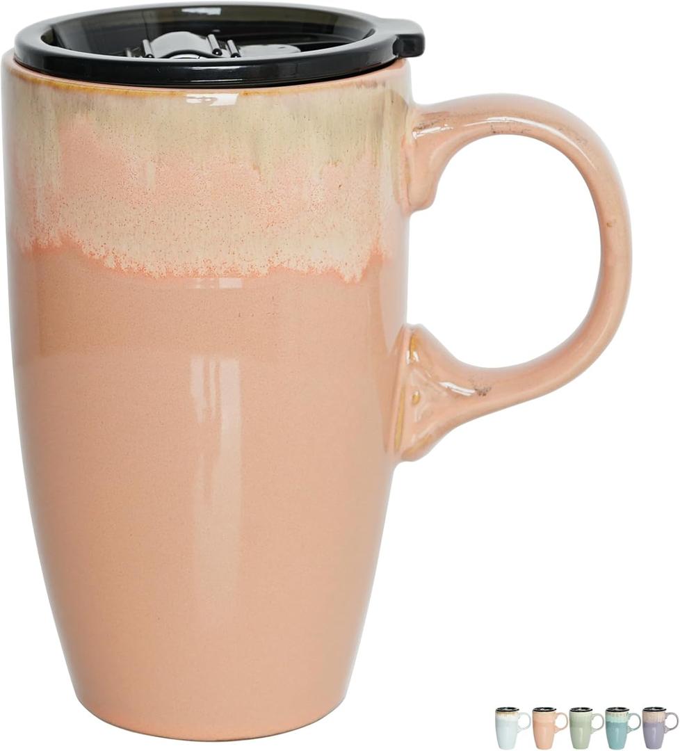Bosmarlin Ceramic Travel Coffee Mug with Handle and Lid, 18 oz, Portable Coffee Cup for Car Cup Holder, Microwave and Dishwasher Safe, Reactive Glaze (Light Orange)