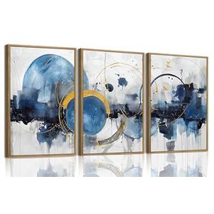 OIQArtOIQ 3 Piece Large Abstract Canvas Wall Art For Living Room Blue and Gold Framed Wall Art Modern Aesthetic Minimalist Art Prints Artwork For Bedroom Office Dining Room 16x24 in