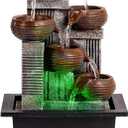 Father'sDen Collection Indoor Fountains and Waterfalls from 5-Tiered Pots-12H Tabletop Water Fountain-Desk Fountain-Office Decor with Audible Calming Waterfall Sounds-Zen Fountain with Color Lights
