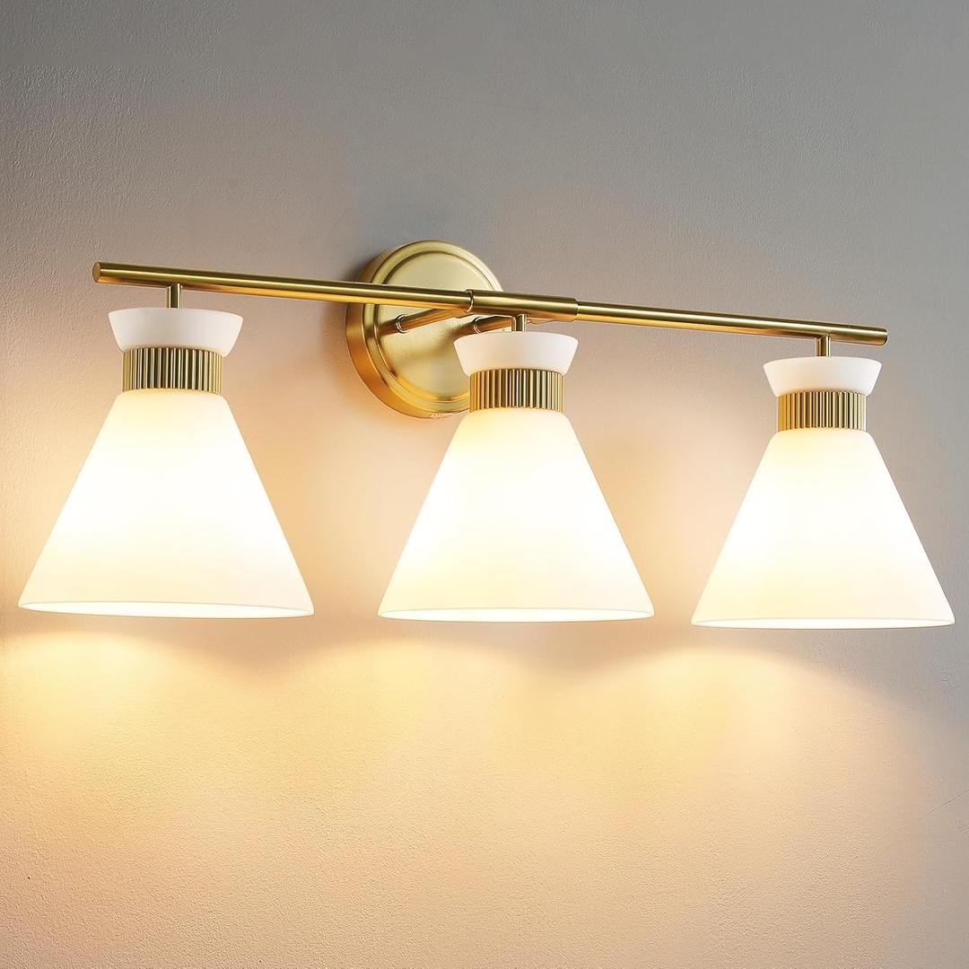 WOSHITU Bathroom Vanity Light Fixtures: 3-Lights Mid Century Modern Vanity Lights for Bathroom Over Mirror, Brushed Gold Wall Sconce Lighting with Frosted Milky Glass Shade for Bath Living Room