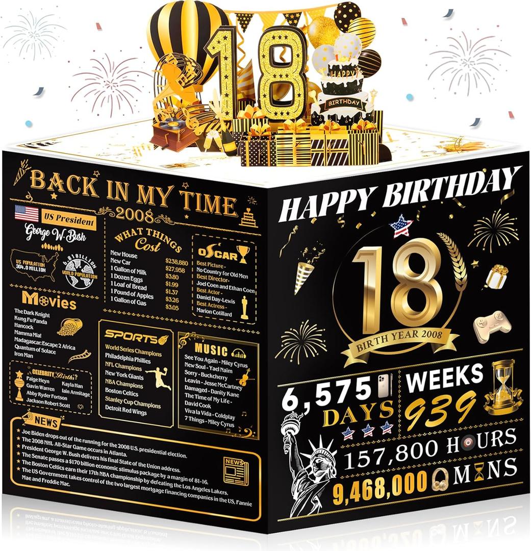 18th Birthday Card for Girl Boy Son Daughter, Big Pop Up 18th Birthday Cards for Grandson Granddaughter, Back In 2008 Funny 18 Year Old Birthday Decorations