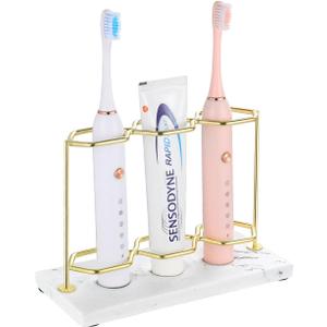 Emibele Toothbrush Holder, Resin Electric Toothbrush Holder with 3 Slots 2 Layers, Non-Slip Bathroom Accessories Organizer Toothbrush Toothpaste Razor Cleanser, Gold Marble White