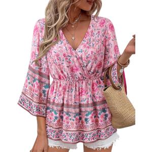 Bebonnie Womens 3/4 Sleeve V Neck Boho Dressy Casual Peplum Blouses Elastic Waist Tunic Tops 3XL