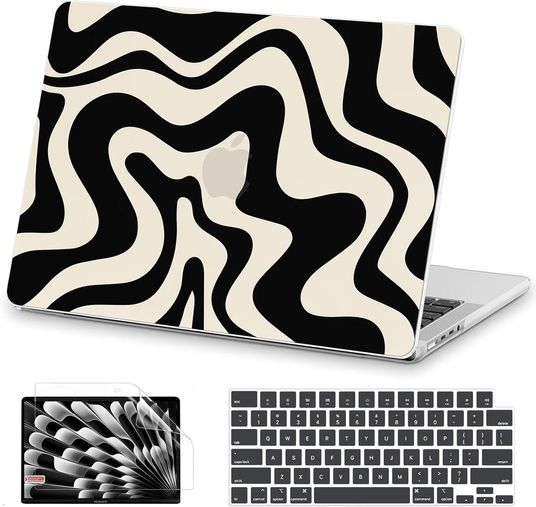 AKIT Compatible with MacBook Pro 16 inch Case 2025 2024-2021 M4 M3 M2 M1 Pro Max A3403 A3186 A2991 A2780 A2485, Unique Pattern Hard Shell Laptop Case+Screen Protector+Keyboard Cover, Black Wave