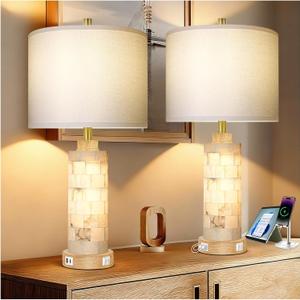 27" Alabaster and Wood Table Lamp Set of 2 with Night Light Nightstand Lamps with USB Ports White Linen Fabric Shade Bedside Lamp Decor for Living Room Bedroom Home Office Hotel Bar House 
