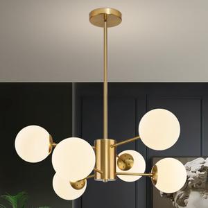 6-Light Globe Sputnik Chandelier Milk Glass Modern Gold Chandelier Light Fixture Mid Century Sputnik Chandeliers Pendant Light Frosted Globe Adjustable Hanging Ceiling Light for Entryway (Opal & Brass)