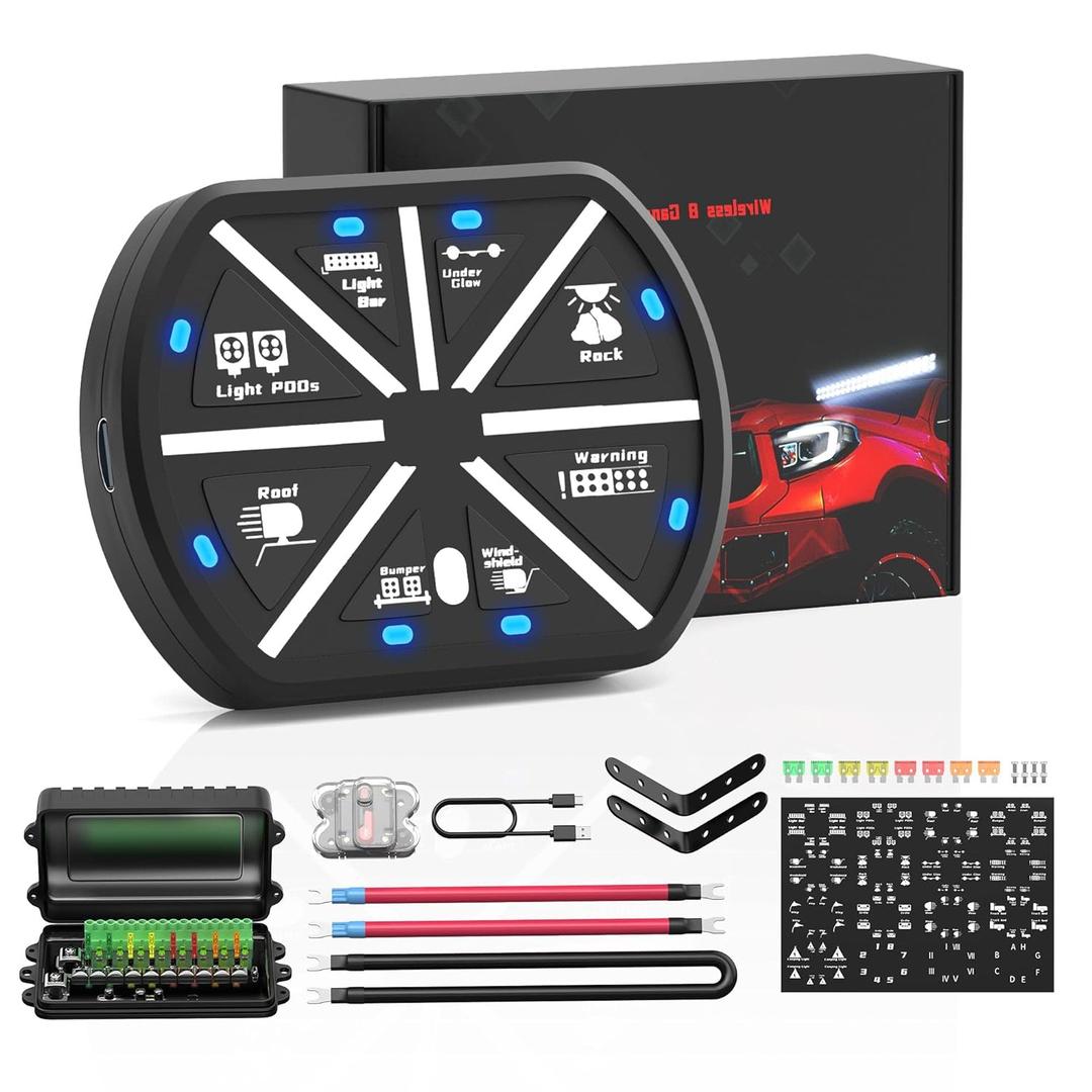 Joinfworld 8 Gang Switch Panel Universal Circuit Control Relay System Box Automotive Rechargeable Remote Wireless Control Panel with On-Off Blue LED for Car Truck Boat UTV SUV RV