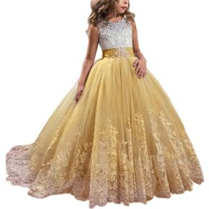 Princess Lilac Long Girls Pageant Dresses Kids Prom Puffy Tulle Ball Gown (6, Gold)