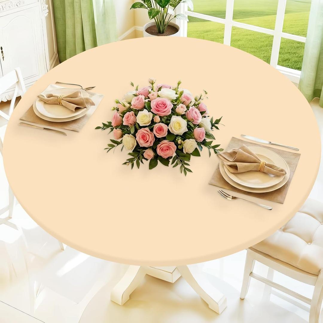 Moosfor Round Spandex Tablecloth, Elastic Fitted Waterproof Tablecloths for 36"-44" Tables, Stretch Washable Picnic Table Cover for Camping, Dining, Indoor and Outdoor,Ivory