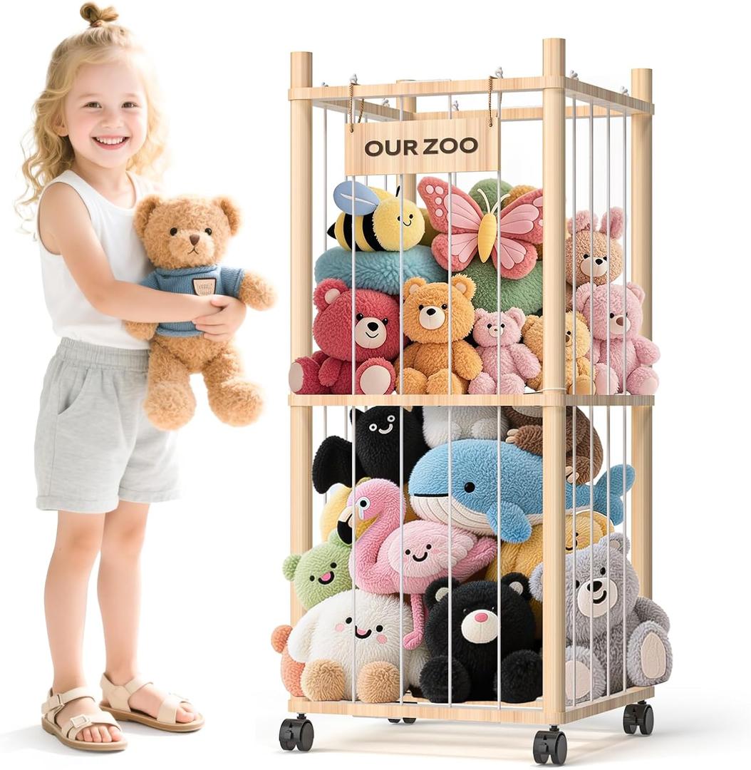 Stuffed Animal Storage: Wood Plush Toy Organizer, Stuffed Animal Zoo with Mesh Net, Stuffed Animal Holder with Brake Wheels, Space Save Stuffed Animal Cage for Kids Room Playroom Nursery Bedroom