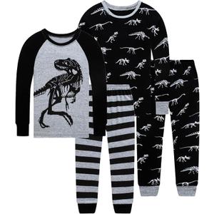 4 Pieces Boys Pajamas Toddler Boys Long Sleeve Cotton Pjs Kids Sleepwear Sets 24 Months-12 Years (5T, Black&Grey)
