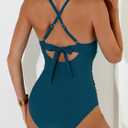 Aidonger Women's One Piece Swimsuit Tummy Control Front Cross Bathing Suit Color Block Slim Tie Back High Waisted Swimwear (Blue, L)