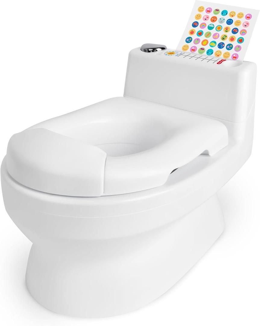 Fisher-Price 2-N-1 Potty Trainer with Flushing Sounds, Chart & Storage  White Floor Potty Chair with Splash Guard, Removable Ring & Bowl, Patented Snap Safe Ring Technology
