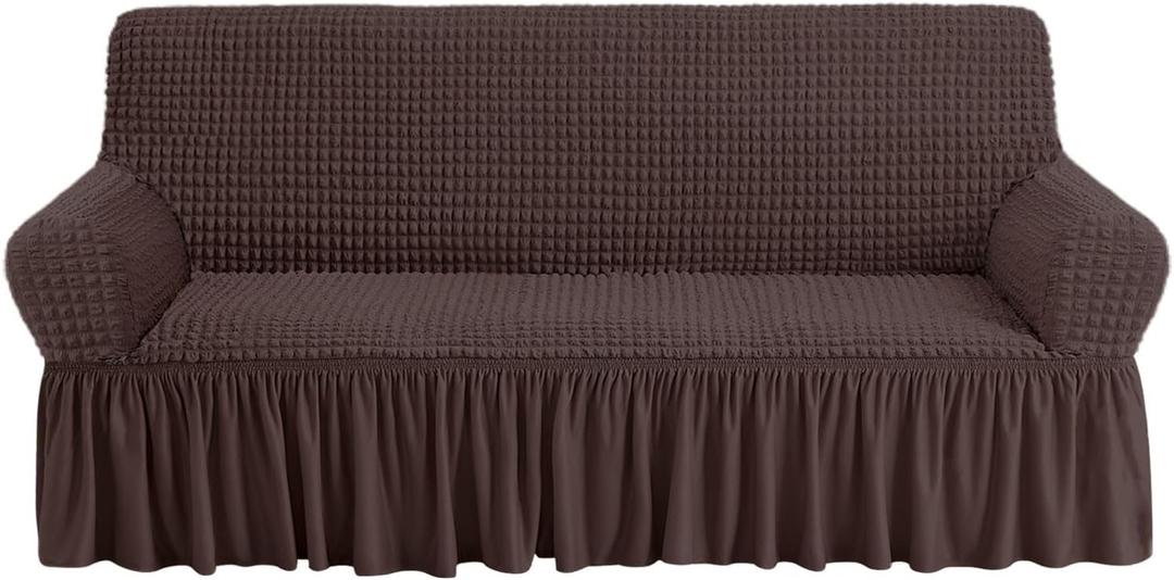 NICEEC Sofa Slipcover Brown Sofa Cover 1 Piece Easy Fitted Sofa Couch Cover Universal High Stretch Durable Furniture Protector with Skirt Country Style (3 Seater Chocolate Brown) (Large)