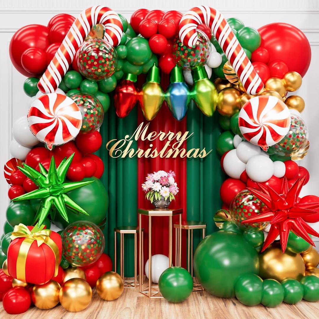 193Pcs Christmas Balloon Arch Kit  Red and Green Balloons with Candy Cane, Gift Box, Bulb & Star Foils for Christmas Party Decorations and New Year Celebration