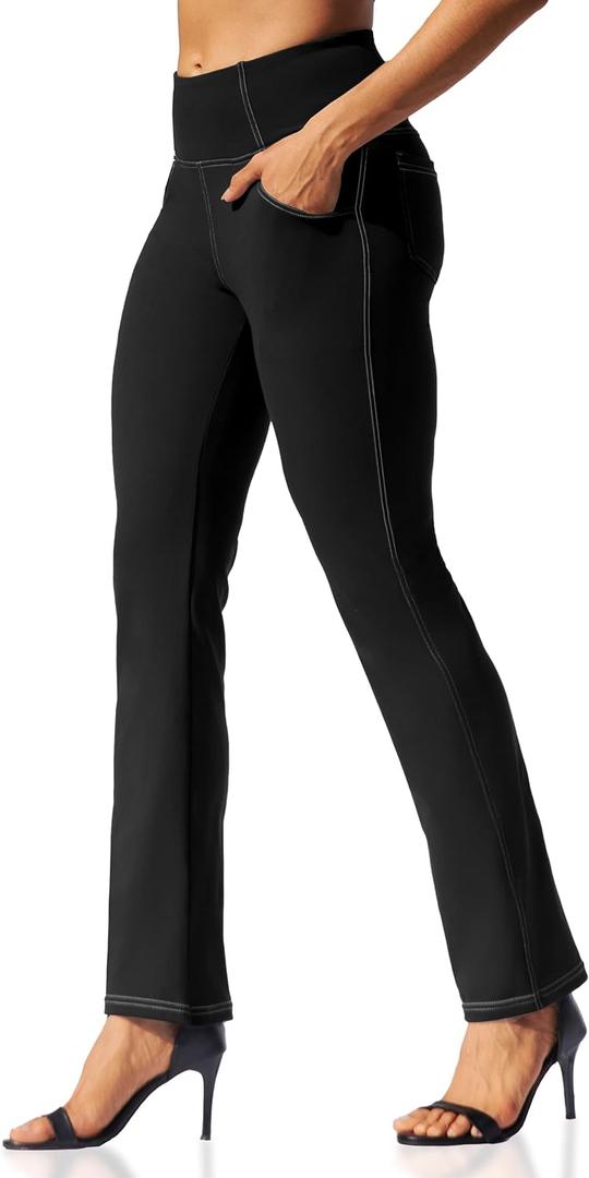 VOOVEEYA Womens Straight Leg Leggings, High Waisted Yoga Pants with Pockets Tummy Control Bootcut Casual Dress Pants (Black, XL)