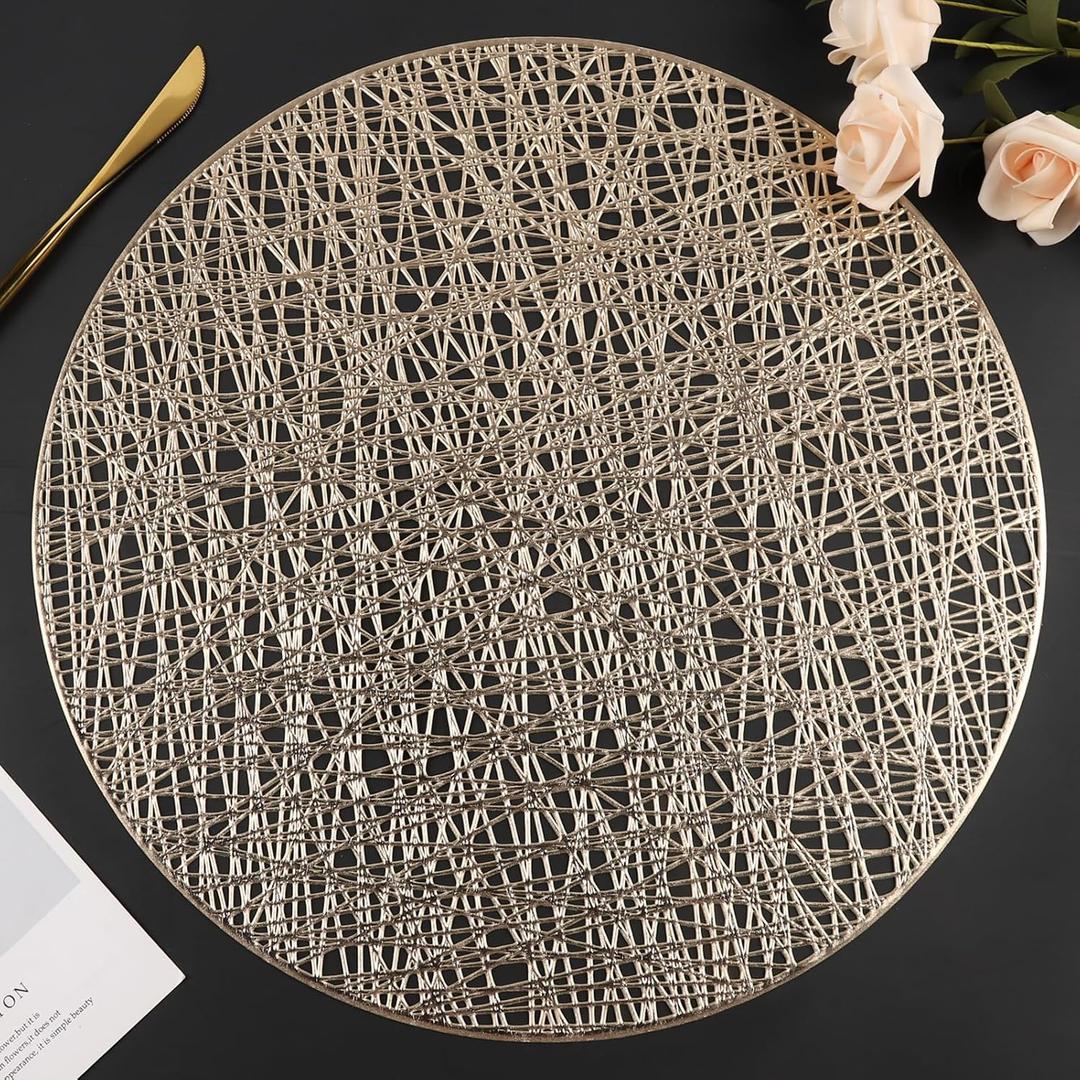Placemats Set of 6, Round Placemats Gold 15 Inch Washable Vinyl Place Mats Dining Table Mats for Wedding Party Kitchen Decorations