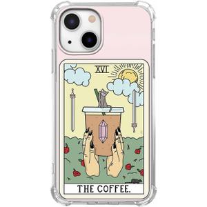Coffee Tarot Card Cup Sun Floral Cat Pattern Case for iPhone 14 & iPhone 13,Unique Trendy Soft TPU Phone Protective Cover,ip14