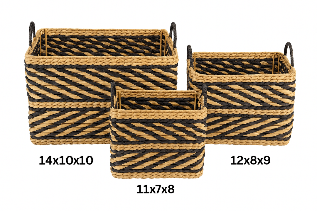 Basket Set of 3 – Rectangular Woven Storage Baskets with Handles – Sizes 14x10x10, 12x8x9, 11x7x8 in