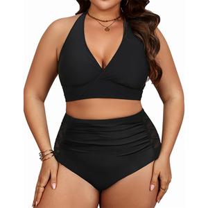 Yonique Womens Two Piece Plus Size Halter Bikini Swimsuits Tummy Control Bathing Suits High Waisted Swimwear (Black 01)